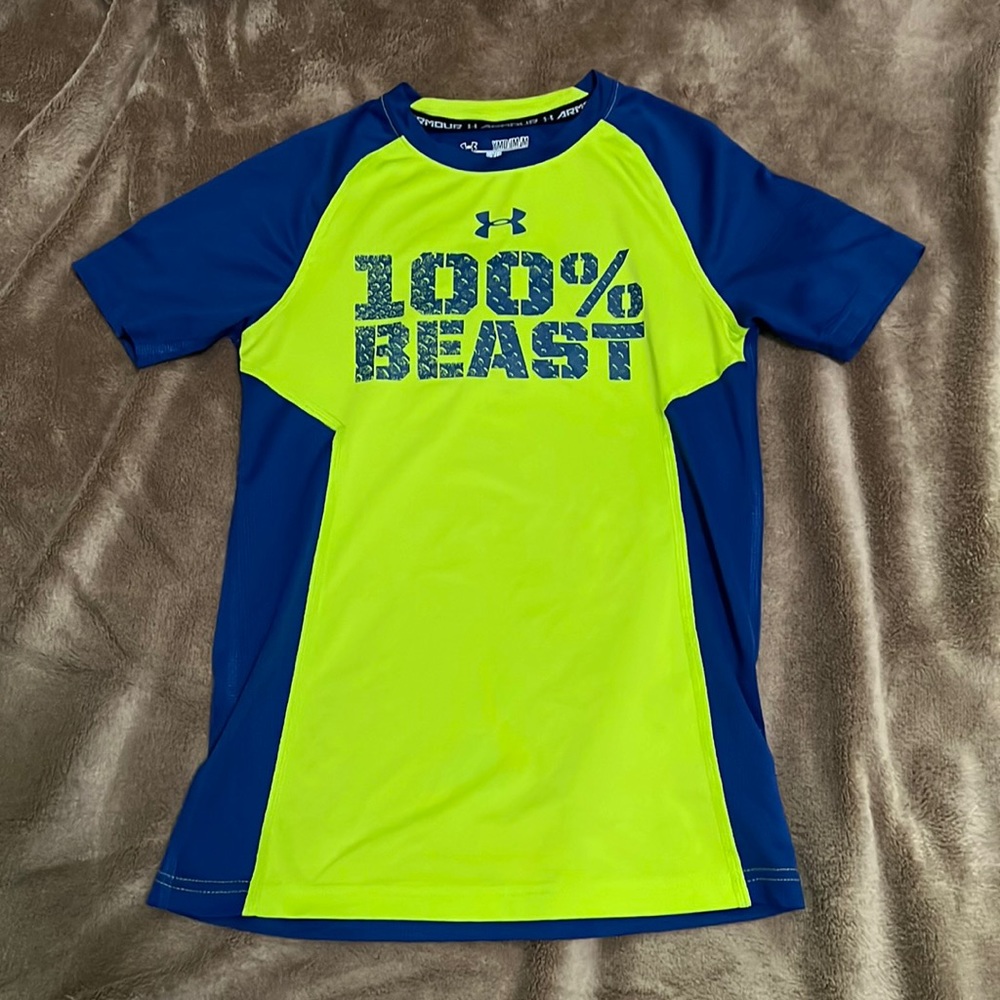 Boys Under Armour Heat Gear Shirt Top Youth Medium YMD 100% Beast Blue Green
